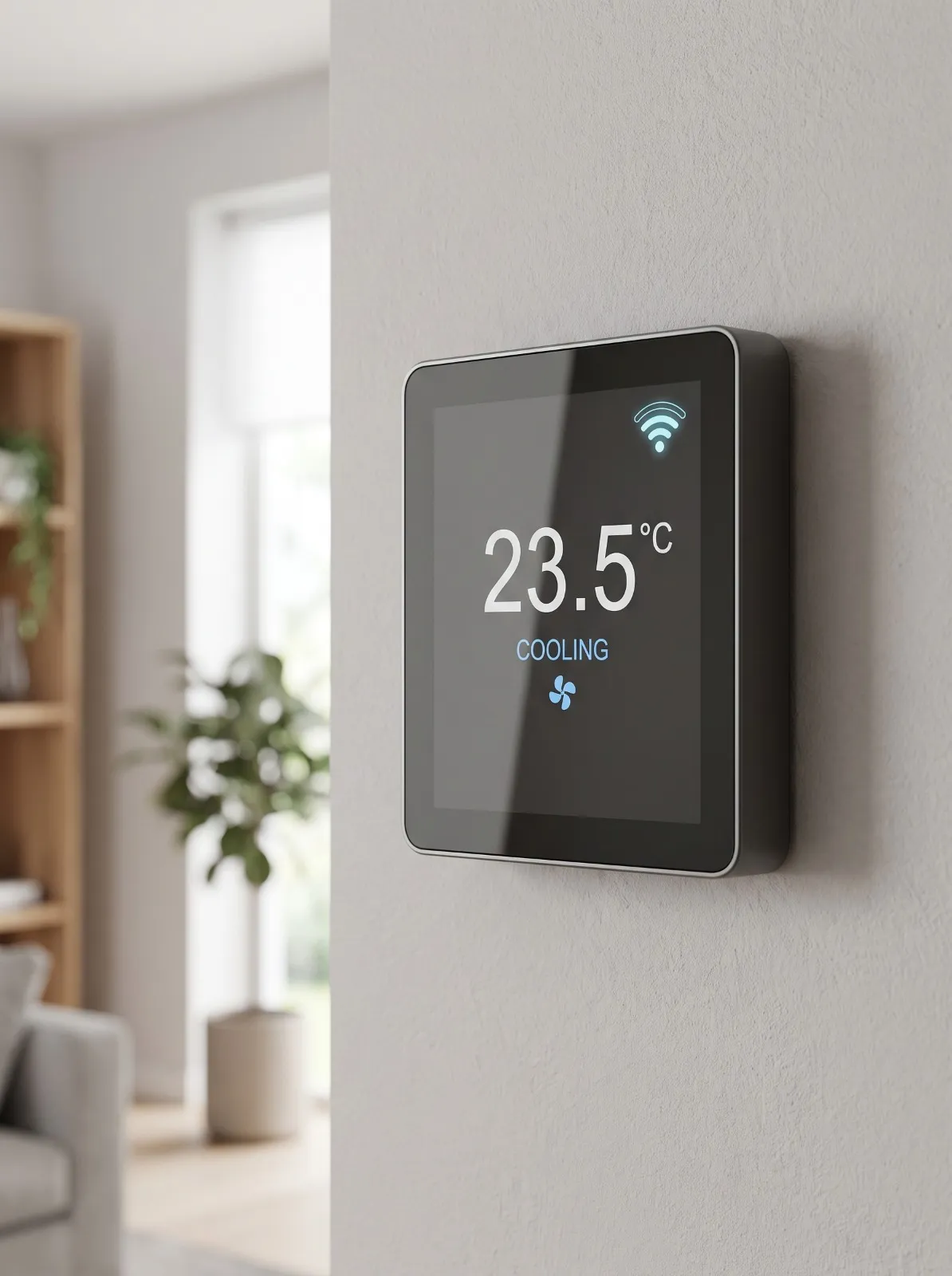 LOMA smart touch thermostat installed on an interior wall