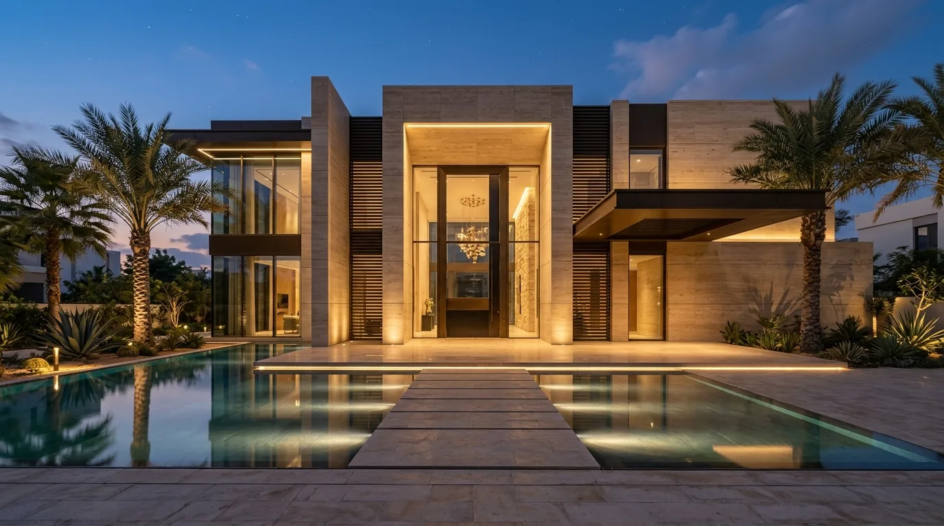 Contemporary UAE villa entrance at twilight