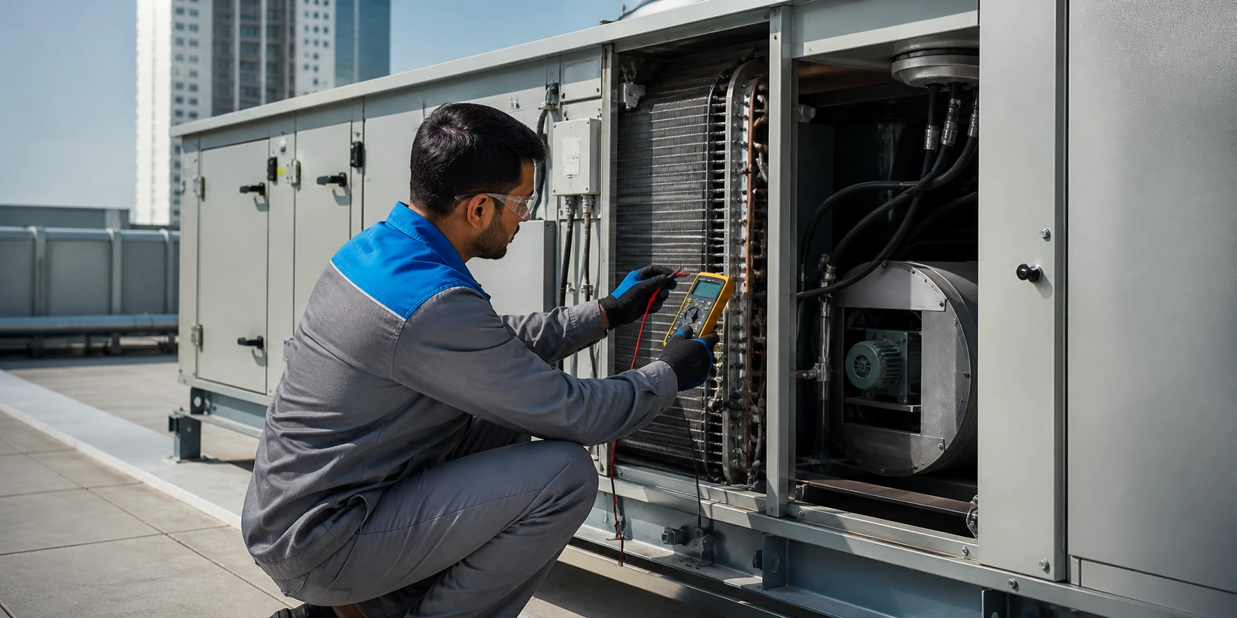 Detailed air handling unit installation inside a clean plant room