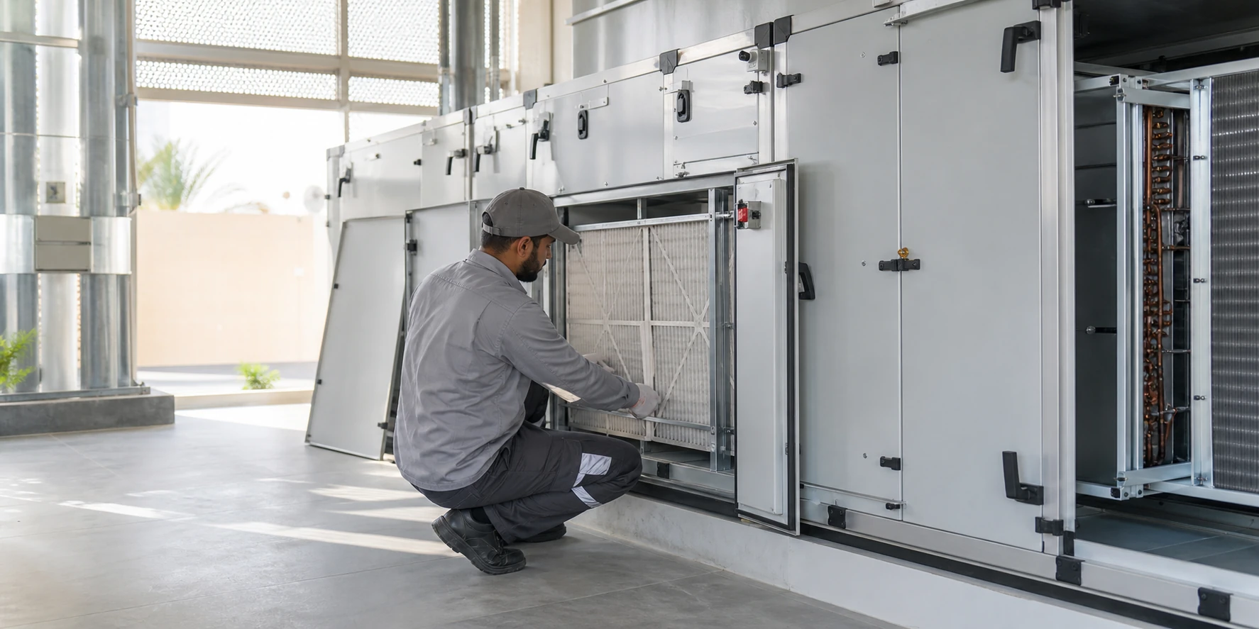 Detailed air handling unit installation inside a clean plant room