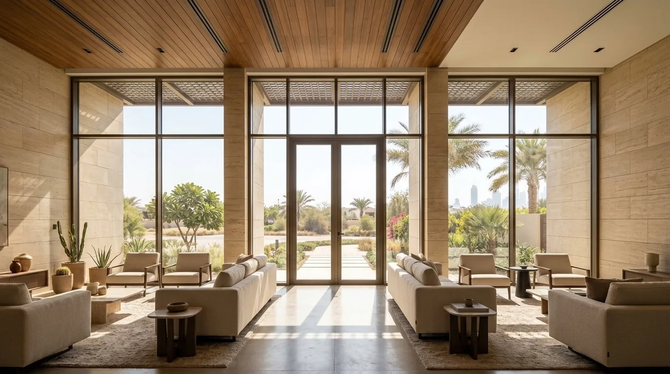 Villa interior under intense UAE summer sunlight
